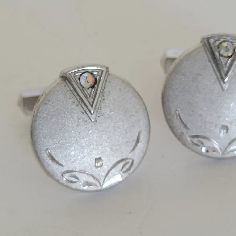Silver Tone Cufflinks Vintage Round Retro Art Deco Circonia Unbranded Quality
